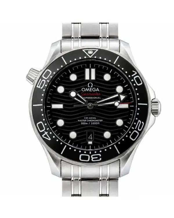 Omega Seamaster Diver 300M Co-Axial Master Chronometer 42mm men's watch with black wave-pattern ceramic dial, black ceramic bezel, stainless steel case and bracelet.