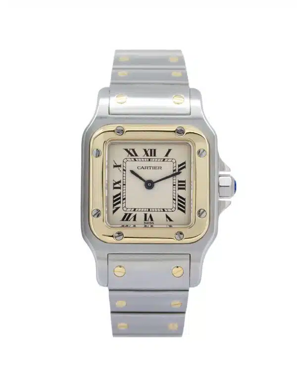 Cartier Santos Galbée Ref. 3887 two-tone stainless steel and 18ct yellow gold wristwatch with a white Roman numeral dial, blue sword hands, integrated bracelet, and signature exposed bezel screws.