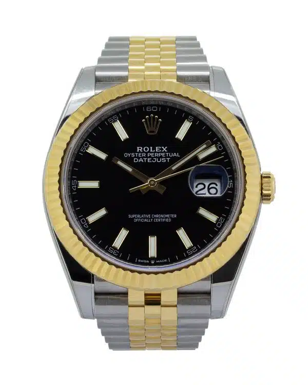 Pre-owned Rolex Datejust 41 Ref. 126333 luxury watch featuring a 41mm Oystersteel and 18ct yellow gold case, fluted yellow gold bezel, black dial with date display, and Jubilee bracelet.