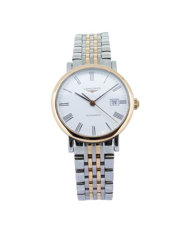 Longines Elegant Collection L4.310.5 29mm Swiss automatic watch featuring a stainless steel and 18K rose gold case and bracelet, a classic round dial with Roman numerals, date display, and scratch-resistant sapphire crystal.