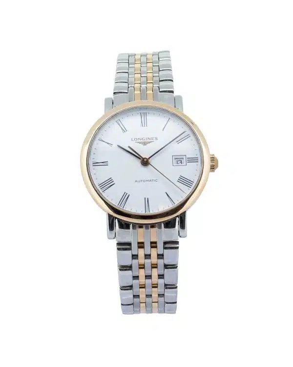 Longines Elegant Collection L4.310.5 29mm Swiss automatic watch featuring a stainless steel and 18K rose gold case and bracelet, a classic round dial with Roman numerals, date display, and scratch-resistant sapphire crystal.