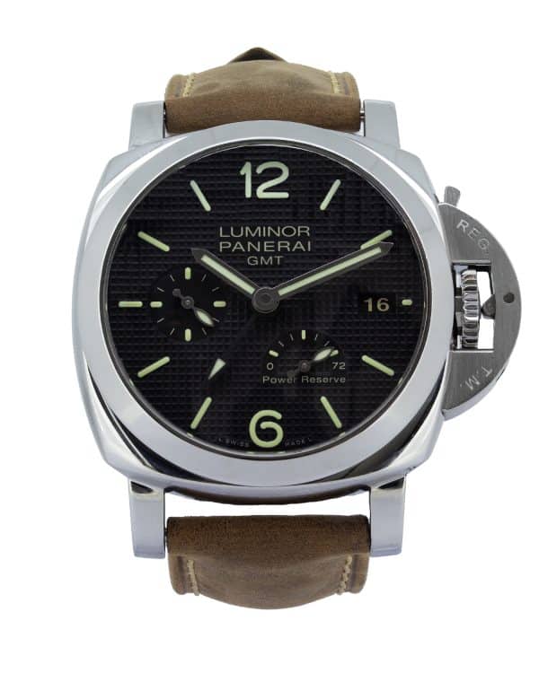 Panerai Luminor 1950 3 Days GMT Power Reserve Automatic PAM00537 with a 42mm polished stainless steel case, black Clous de Paris dial, luminous Arabic numerals and hour markers, GMT hand, power reserve indicator, date display, signature crown-protecting bridge, and black leather strap