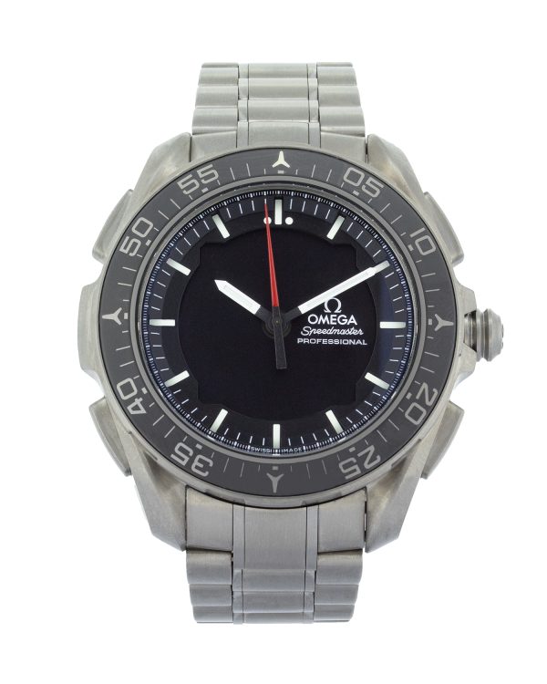 Omega Speedmaster Skywalker X-33 titanium watch featuring a black analogue-digital dial, ceramic bezel, titanium bracelet, and professional aerospace-inspired design.