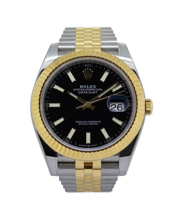 Rolex Datejust 41 reference 126333 with a 41mm Oystersteel and yellow gold Oyster case, fluted yellow gold bezel, sunburst dial with luminous hour markers, date display at 3 o'clock beneath the Cyclops lens, Jubilee bracelet, and automatic Swiss movement.