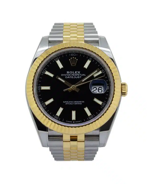 Rolex Datejust 41 reference 126333 with a 41mm Oystersteel and yellow gold Oyster case, fluted yellow gold bezel, sunburst dial with luminous hour markers, date display at 3 o'clock beneath the Cyclops lens, Jubilee bracelet, and automatic Swiss movement.
