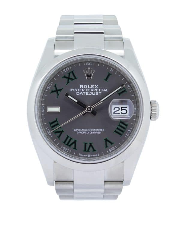Rolex Datejust 36mm ref. 126200 with Wimbledon-style slate dial, baton hour markers, date window at 3 o’clock, and Oyster bracelet