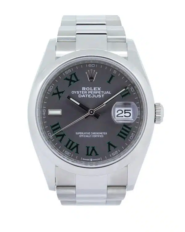 Rolex Datejust 36mm ref. 126200 with Wimbledon-style slate dial, baton hour markers, date window at 3 o’clock, and Oyster bracelet