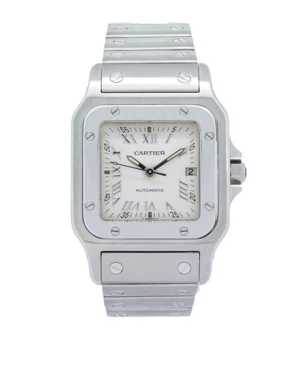 Cartier Santos Galbée Ref. 2319, featuring a classic rectangular case measuring 29mm × 41mm, Roman numeral dial, signature blue hands, and the iconic Santos design.