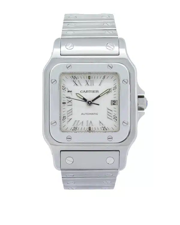 Cartier Santos Galbée Ref. 2319, featuring a classic rectangular case measuring 29mm × 41mm, Roman numeral dial, signature blue hands, and the iconic Santos design.
