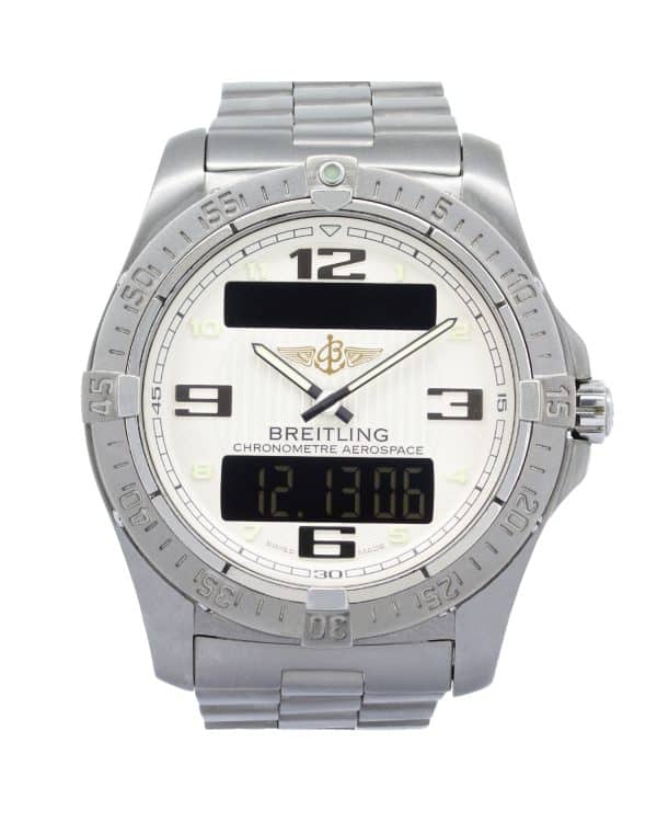 Breitling Aerospace Avantage E7936210 42mm pilot's watch with a lightweight titanium case, analogue-digital display, black dial, bidirectional rider-tab bezel, sapphire crystal, and titanium bracelet.