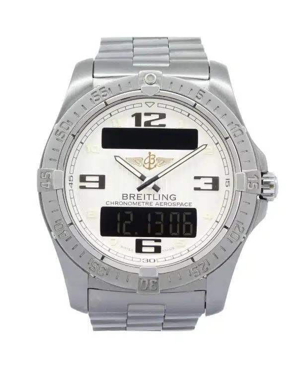 Breitling Aerospace Avantage E7936210 42mm pilot's watch with a lightweight titanium case, analogue-digital display, black dial, bidirectional rider-tab bezel, sapphire crystal, and titanium bracelet.