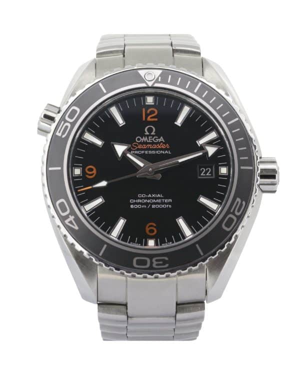 Omega Seamaster Planet Ocean 232.30.46.21.01.003 46mm stainless steel automatic dive watch with black dial, orange accents, and steel bracelet.