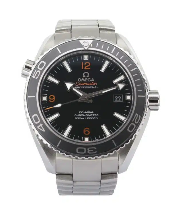 Omega Seamaster Planet Ocean 232.30.46.21.01.003 46mm stainless steel automatic dive watch with black dial, orange accents, and steel bracelet.