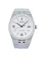 Rolex Land-Dweller 40 Ref. 127334 in White Rolesor, featuring an intense white honeycomb-motif dial, fluted 18 ct white gold bezel, date display with Cyclops lens, and integrated Flat Jubilee bracelet.