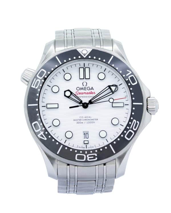 OMEGA Seamaster Diver 300M 42mm stainless steel watch with white ceramic wave dial, black ceramic bezel and stainless steel bracelet – Ref. 210.30.42.20.04.001