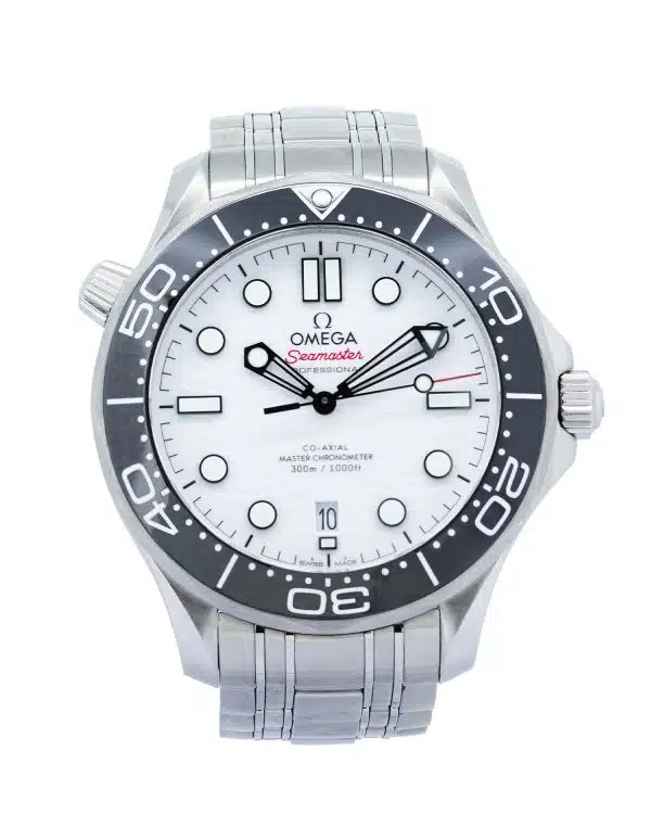 OMEGA Seamaster Diver 300M 42mm stainless steel watch with white ceramic wave dial, black ceramic bezel and stainless steel bracelet – Ref. 210.30.42.20.04.001