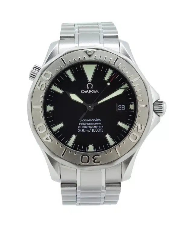 Omega Seamaster 2230.50.00, 39mm stainless-steel automatic dive watch with a black dial, luminous hour markers and hands, date display, and stainless-steel bracelet.