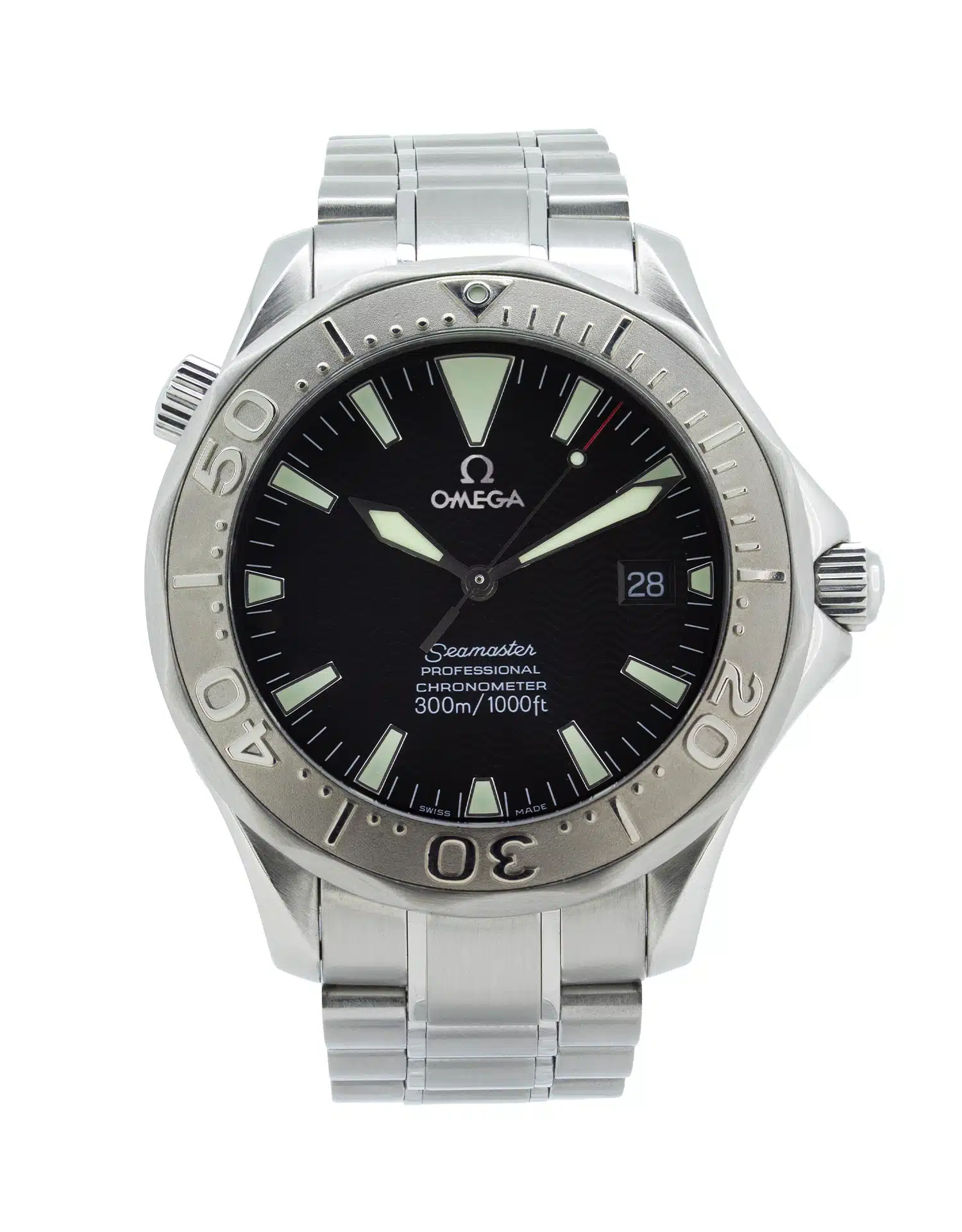 Omega Seamaster 2230.50.00 39mm Omega Seamaster 2230.50.00, 39mm stainless-steel automatic dive watch with a black dial, luminous hour markers and hands, date display, and stainless-steel bracelet.