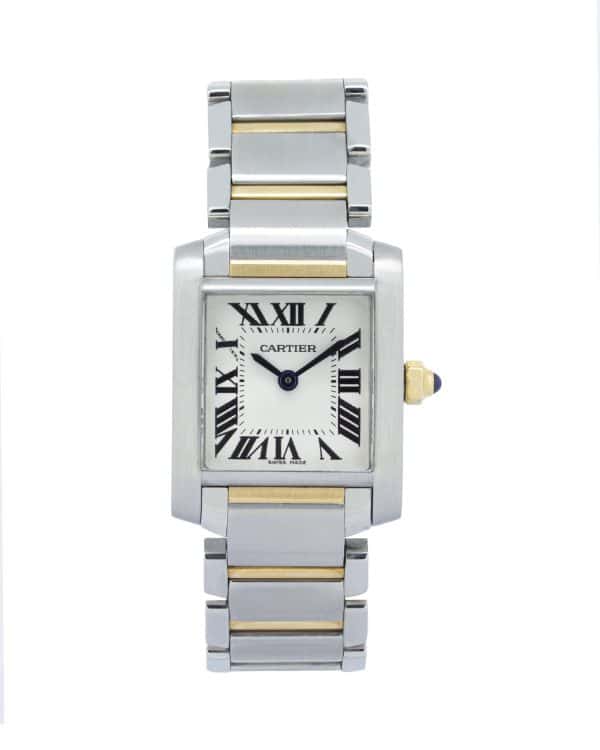 Cartier Tank Française W51007Q4 ladies' luxury watch featuring a 25mm × 20mm stainless steel and 18ct yellow gold case and integrated bracelet, silver Roman numeral dial, blued-steel hands, and sapphire cabochon crown.