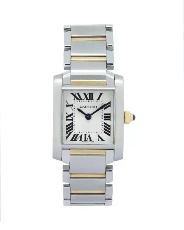Cartier Tank Française W51007Q4 ladies' luxury watch featuring a 25mm × 20mm stainless steel and 18ct yellow gold case and integrated bracelet, silver Roman numeral dial, blued-steel hands, and sapphire cabochon crown.