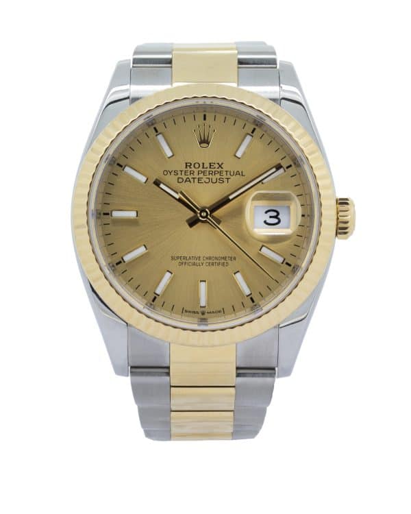 Rolex Datejust 126233 36mm luxury wristwatch featuring a two-tone Oystersteel and yellow gold case and bracelet, with a classic Datejust dial and date window at 3 o’clock.