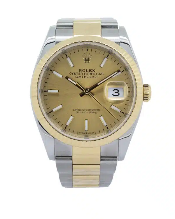 Rolex Datejust 126233 36mm luxury wristwatch featuring a two-tone Oystersteel and yellow gold case and bracelet, with a classic Datejust dial and date window at 3 o’clock.