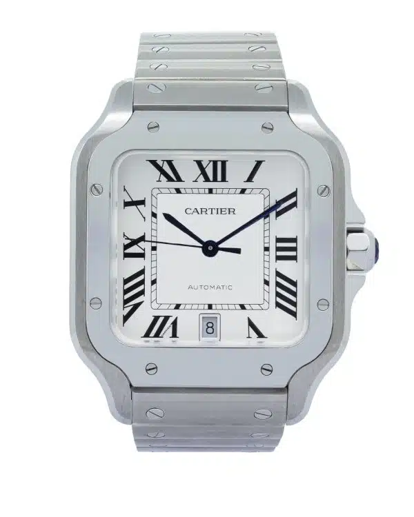 Cartier Santos de Cartier WSSA0018 39.8mm x 47.5mm stainless steel watch with silver-tone dial, black Roman numeral hour markers, blue sword-shaped hands, and integrated steel bracelet.