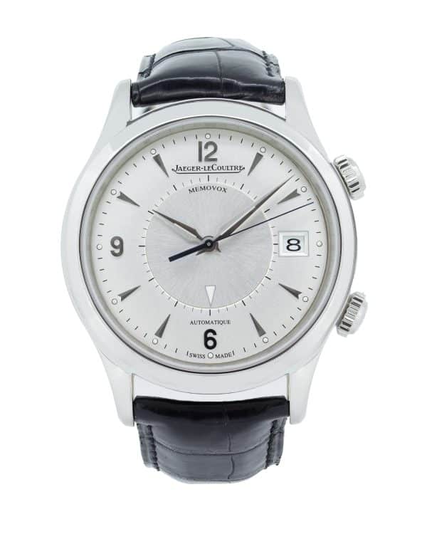 Jaeger-LeCoultre Memovox Ref. 174.8.96, 40mm stainless-steel automatic watch with a silver dial, date display, mechanical alarm function, and leather strap.