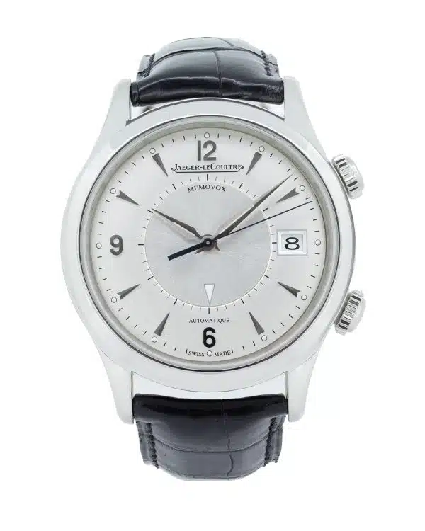 Jaeger-LeCoultre Memovox Ref. 174.8.96, 40mm stainless-steel automatic watch with a silver dial, date display, mechanical alarm function, and leather strap.