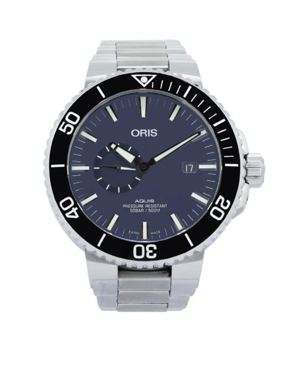 Oris Aquis Swiss dive watch with a stainless steel case and bracelet, featuring a blue dial and rotating bezel.