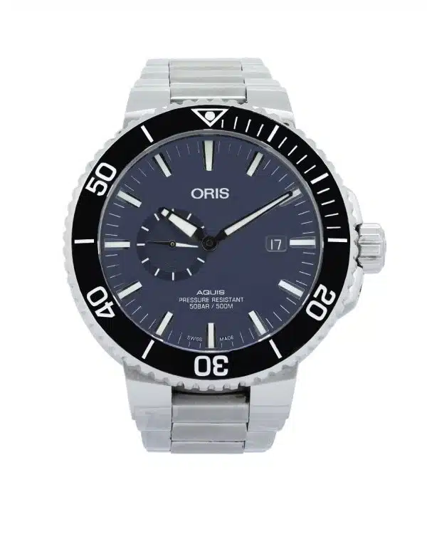 Oris Aquis Swiss dive watch with a stainless steel case and bracelet, featuring a blue dial and rotating bezel.