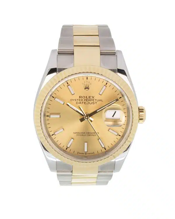 Rolex Datejust Ref. 126233, 36mm two-tone Oystersteel and yellow gold watch with a champagne dial, applied Roman numeral hour markers, date display, and Jubilee bracelet.