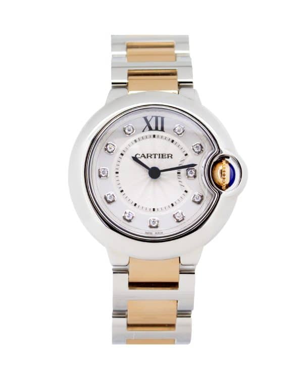 The Cartier Ballon Bleu de Cartier WE902030 is an elegant 28 mm ladies' timepiece distinguished by its signature rounded case, silver diamond-set dial and two-tone stainless steel and 18K rose-gold construction.