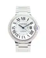 Cartier Ballon Bleu W6920046 36mm stainless steel watch with silver dial, Roman numerals and blue cabochon crown
