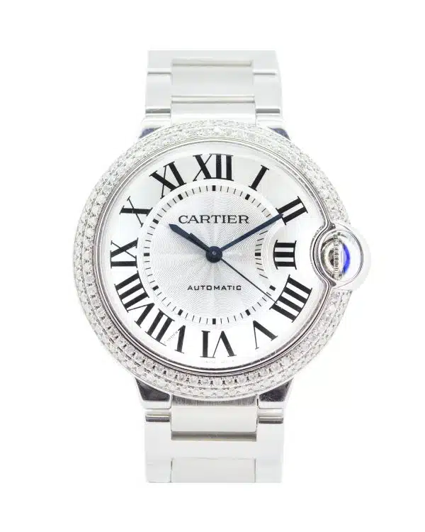 Cartier Ballon Bleu W6920046 36mm stainless steel watch with silver dial, Roman numerals and blue cabochon crown