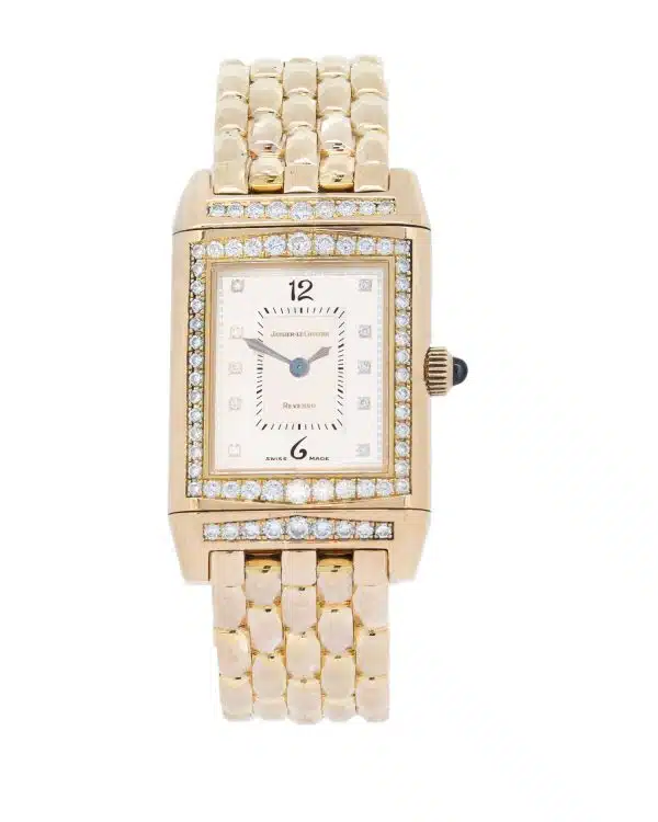 Jaeger-LeCoultre Reverso Joaillerie ref. 267.208 in 18-carat gold with diamond-set bezel and integrated gold bracelet
